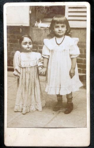 Incredible Spooky Large Antique Wood Doll Girl Child Outdoor Cdv Photo Annabelle
