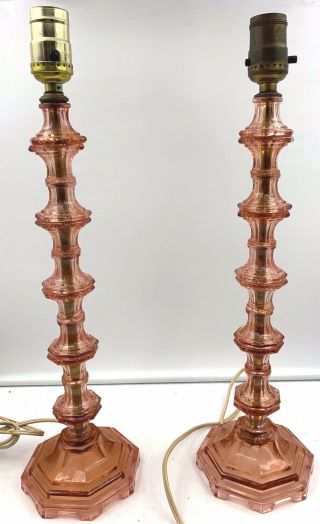 Pink Depression Glass Ribbed Column Table Lamps Pair Vintage