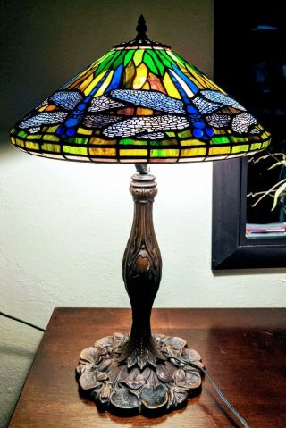 Vintage Large Tiffany Style Stained Glass Lamp Dragonfly With Lily Pad Base