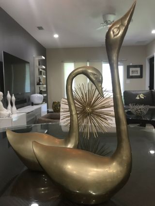 Vintage Mid Century Large 15” Brass Swan Figures Wedding Or Home Decor