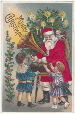1910 Silk Suit Santa Claus With Music Gramophone & Christmas Tree