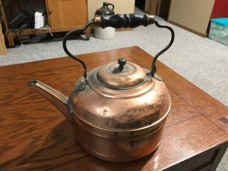 Vintage Copper Coffee Tea/water Kettle Wood Handle Rare Large 10 1/2” Pot
