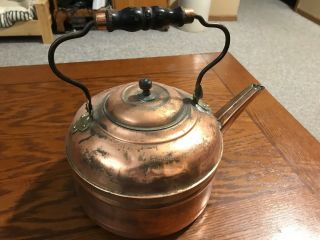 Vintage Copper Coffee Tea/water Kettle Wood Handle Rare Large 10 1/2” Pot 6