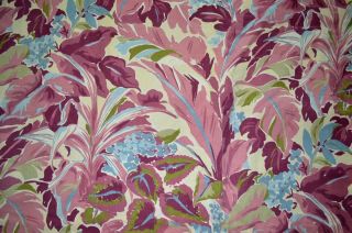 VINTAGE 1940s TROPICAL FLORAL CURTAIN PANEL UPHOLSTRY STRENGTH FABRIC BURGUNDY 3