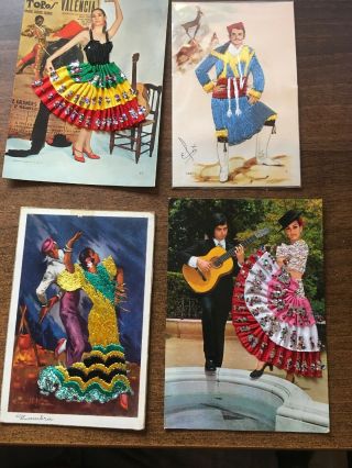 4 X Vintage Spanish Embroidered Silk Postcards.  Have A Look