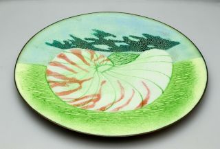 Vintage Mid Century Modern Enamel On Copper Plate Dish Landscape Sea Shell