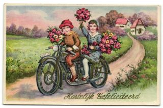Motorcycle Kids And Flowers Old Dutch Postcard Ca 1940 