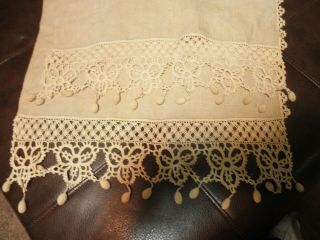 Vintage Taupe Linen Tatted Lace Trimmed Table Runner 19x24