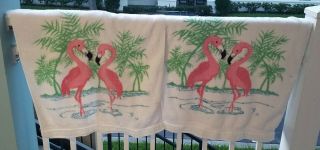 2 Vintage Ra Briggs Pink Flamingo Beach Palm Tree White Retro Bath Towels