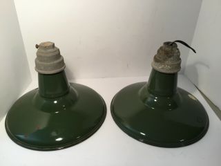 Vintage Benjamin Green Porcelain Enamel Barn Light,  12” Gas,  Industrial Set Of 2