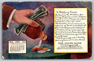 Winfield Kansas State Bank Leaking Coin Purse June Adv Calendar Postcard 1913