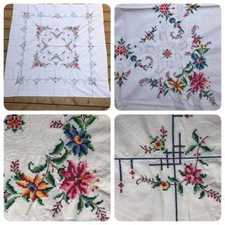 Vintage Embroidered Cross Stitch Crochet Applique Floral 48 " Square Tablecloth