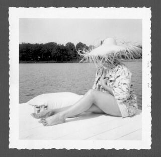 Faceless Woman In Straw Sun Hat.  Strange Vintage Snapshot.