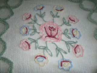 Vintage White Color Floral Pink Green Design Cotton Chenille Bedspread 94x108