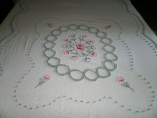 Vintage White Color Floral Pink Green Design Cotton Chenille Bedspread 94x108 2