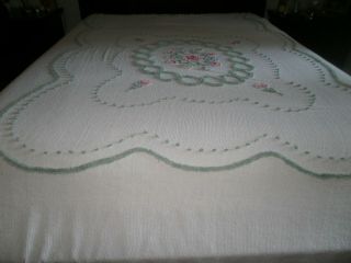 Vintage White Color Floral Pink Green Design Cotton Chenille Bedspread 94x108 3