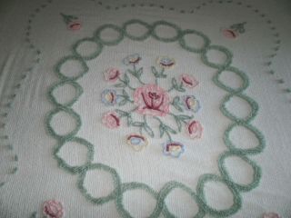 Vintage White Color Floral Pink Green Design Cotton Chenille Bedspread 94x108 4