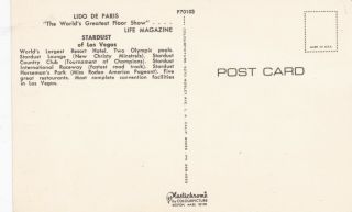 Stardust Casino Las Vegas Nevada Postcard 1960 ' s Lido de Paris 2