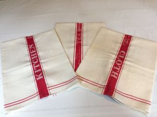 Set Three Vintage Irish Kitchen Red Striped Linen Tea Towels