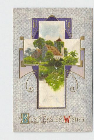 Antique Postcard Easter Silk Embellished Winsch? Religious Church Art Nouveau Em