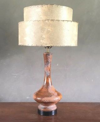 Vintage Mid Century Atomic Ceramic Orange Table Lamp Fiberglass Shade