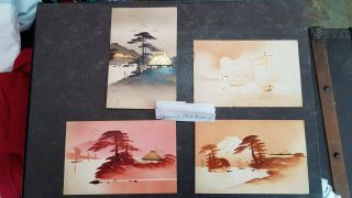 Very Old 1915 Japanese Postcards X 4 Gold & Black / Red Ink Lacquered Japan