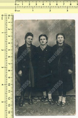 Three Females,  Long Hair Braids Women Girls Studio Portrait Old Photo