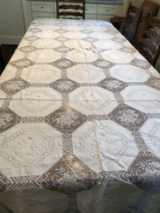 Antique Vintage Handmade Cream Crocheted Filet Lace Tablecloth W/flowers/127x64
