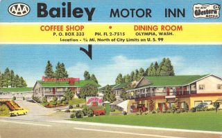 Bailey Motor Inn Olympia,  Washington Roadside Motel Ca 1940s Linen Postcard