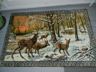 Vtg Large 72 " Velvet Wall Tapestry Rug Deer Stag Elk Scenic Rustic Cabin Decor