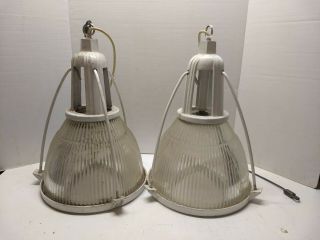 (2) Vintage Leviton Holophane Industrial Factory Ceiling Light Fixtures 12 " X 18