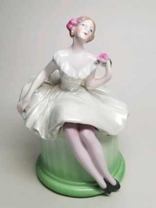 Vintage 1920s Ballerina Bavaria Dresser Half Doll Trinket Powder Vanity Box Jar