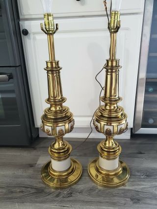 Vintage Heavy Brass Stiffel Table Lamps Mid Century 3 Way Pillar Set