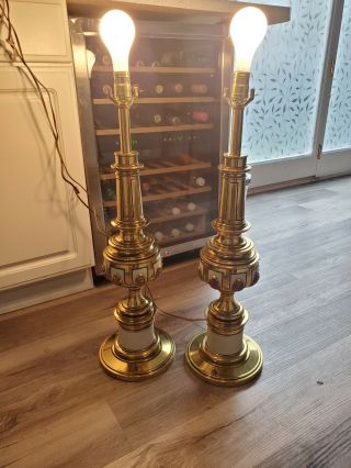 Vintage Heavy Brass Stiffel Table Lamps Mid Century 3 Way Pillar Set 2