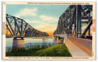 Vintage Memphis & Harrahan Bridges Over Mississippi River,  Memphis,  Tn Postcard