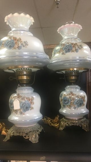 2 Vintage Blue Floral Ornate Gone With The Wind Hurricane Lamps 22 " Tall Revised