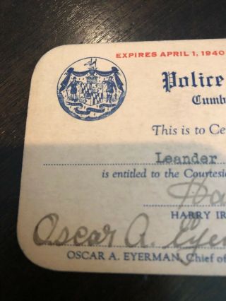Police Department courtesies card 1939 Cumberland MD 2