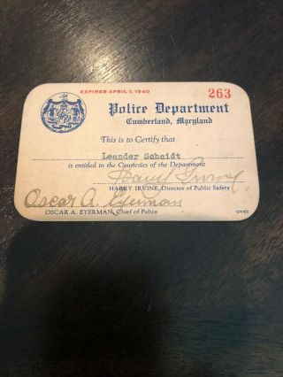 Police Department courtesies card 1939 Cumberland MD 3