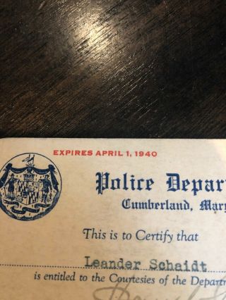 Police Department courtesies card 1939 Cumberland MD 4