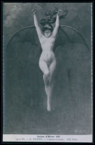 Art Albert Penot Nude Woman Bat Devil Sorcerer Old 1910s Salon De Paris Postcard