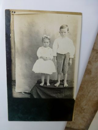 Rppc Cute Barefoot Little Boy & Girl Not Too Happy Antique Real Photo Postcard