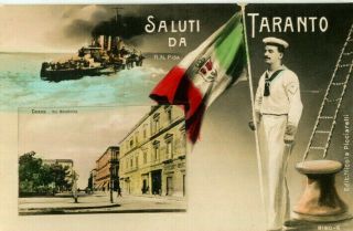 1910s Postcard Warship Pisa Saluti Da Taranto Italy