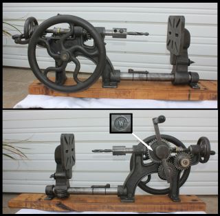 Antique W Mark Wall Beam Post Mount Hand Crank Iron Drill Press W Orig Wrench