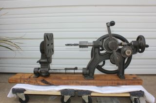Antique W Mark Wall Beam Post Mount Hand Crank Iron Drill Press w Orig Wrench 4