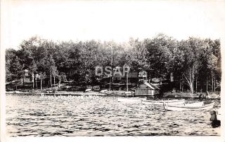 Michigan Mi Real Photo Rppc Postcard 1947 Mecosta Blue Lake Boats Cottage