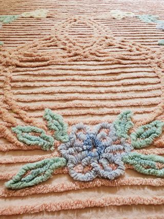 Vintage Pink Cotton Floral Tufted Chenille Bedspread Floral Rings 92x102 Salmon