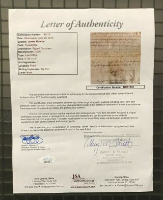 President James Monroe Signed 1823 Document Autographed AUTO JSA LOA 5