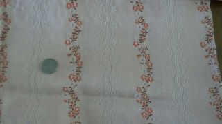 Vintage Cotton Fabric Orange,  Brown,  White Flocked Floral Stripe/peach 1 Yd/44 "