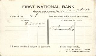 First Natl Bank Middlebourne West Virginia Deposit 1909 A H Underwood Alma Wv