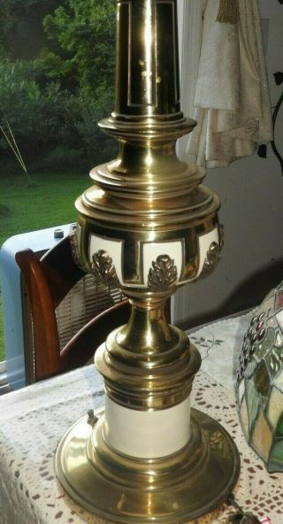 Vintage Stiffel Brass & Porcelain Table Lamp,  28 " Tall Greek Key